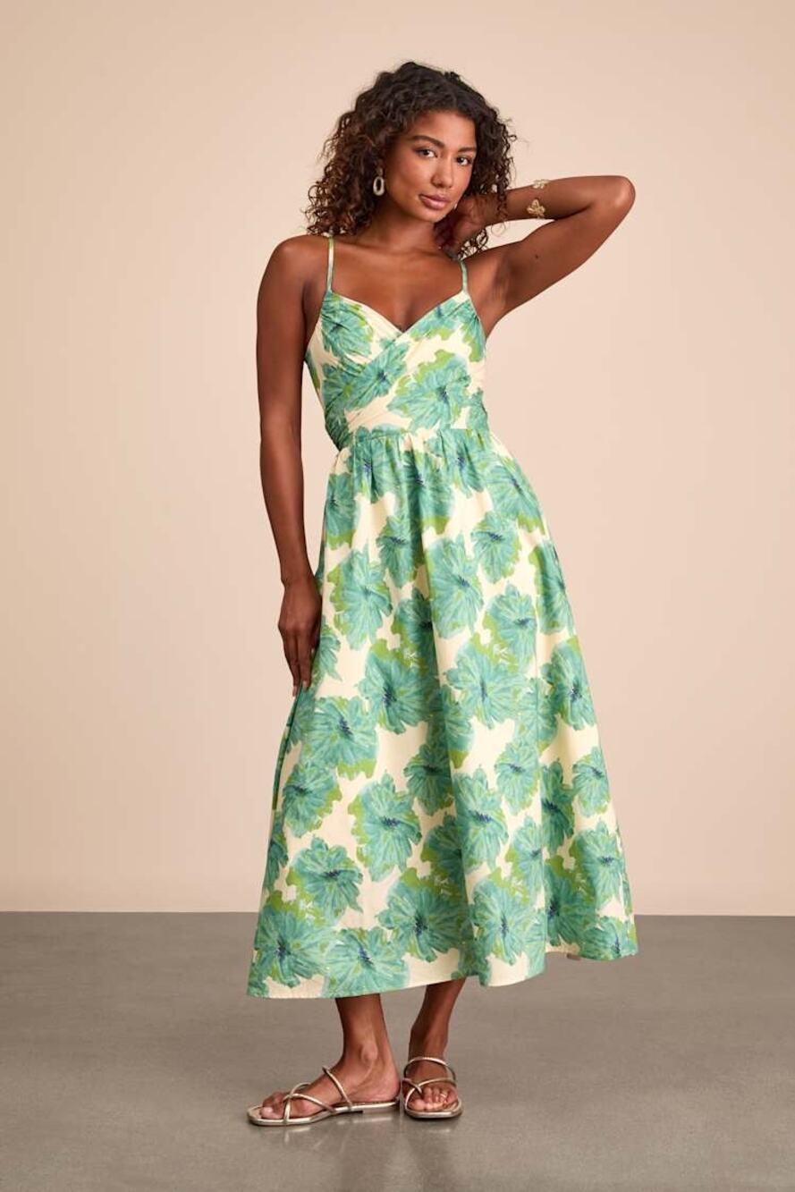 NWT Lulus Candria Cream and Green Floral Surplice Midi Dress Resort Party Size M